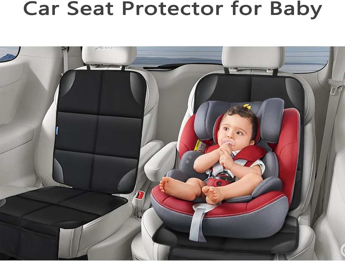 Car Seat Protector for Child Carseat, 1 Pack Protect Car Seat Cover for Baby with Thickest Padding and Non-Slip Padded Backing Mesh Pockets Kids Pets Car Back Seat Protectors(Black)
