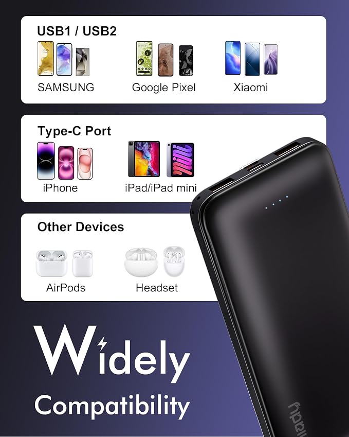 Miady 2-Pack Portable Charger, Slim 10000mAh Power Bank Travel Battery Pack 3 Outputs 2 Inputs Compatible with iPhone 17/16/15/14/13 Galaxy S24/22 iPad Android etc (2 Black)