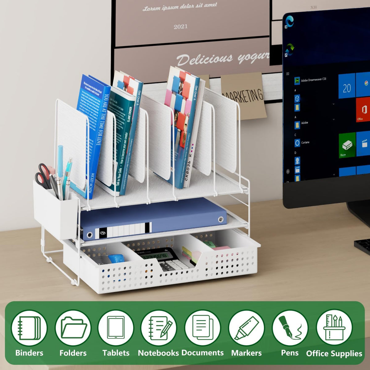 LEKETREE Desk Organizer, Office Organization with Vertical File Holder, File Organizer with Drawer and Pen Holder, Desk Accessories and Workspace Organizers for Home Office (White)