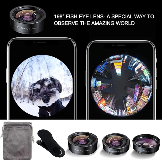 KEYWING Phone Camera Lens 3 in 1 Phone Lens Kit, 198 Fisheye Lens + 120 Super