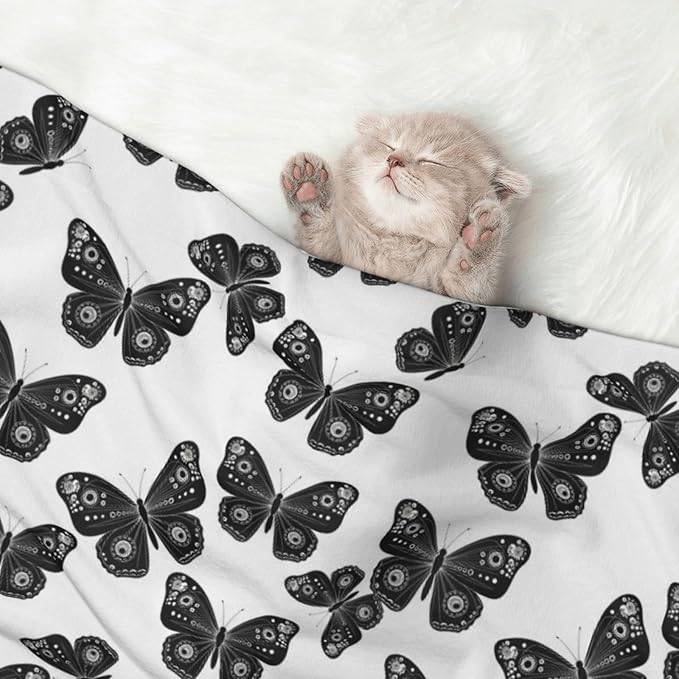 Double Sided Pet Mat for Dog Bed Topper Cat Blanket Furniture Protector, Butterflies Black and White, Reversible Plush with Tactile Dot Pattern for Style Change