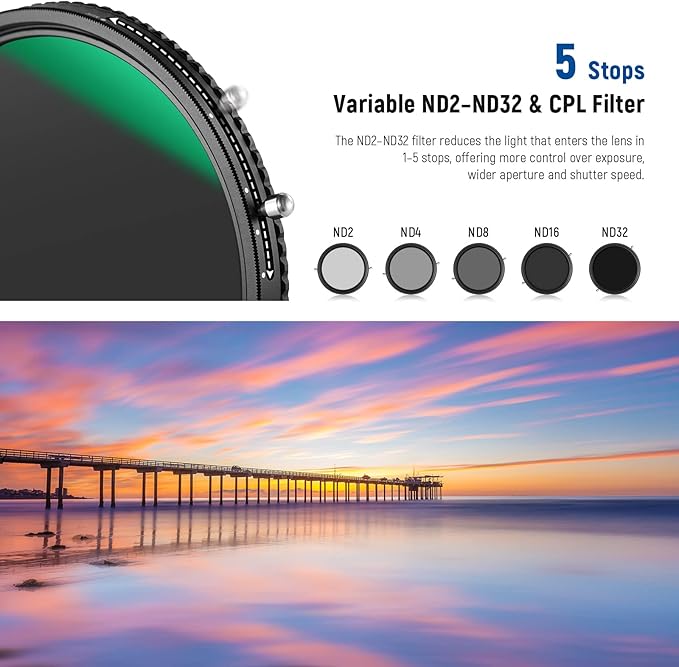 NEEWER 2 in 1 43mm Variable ND Filter ND2–ND32&CPL Filter No X Cross/30 Layer