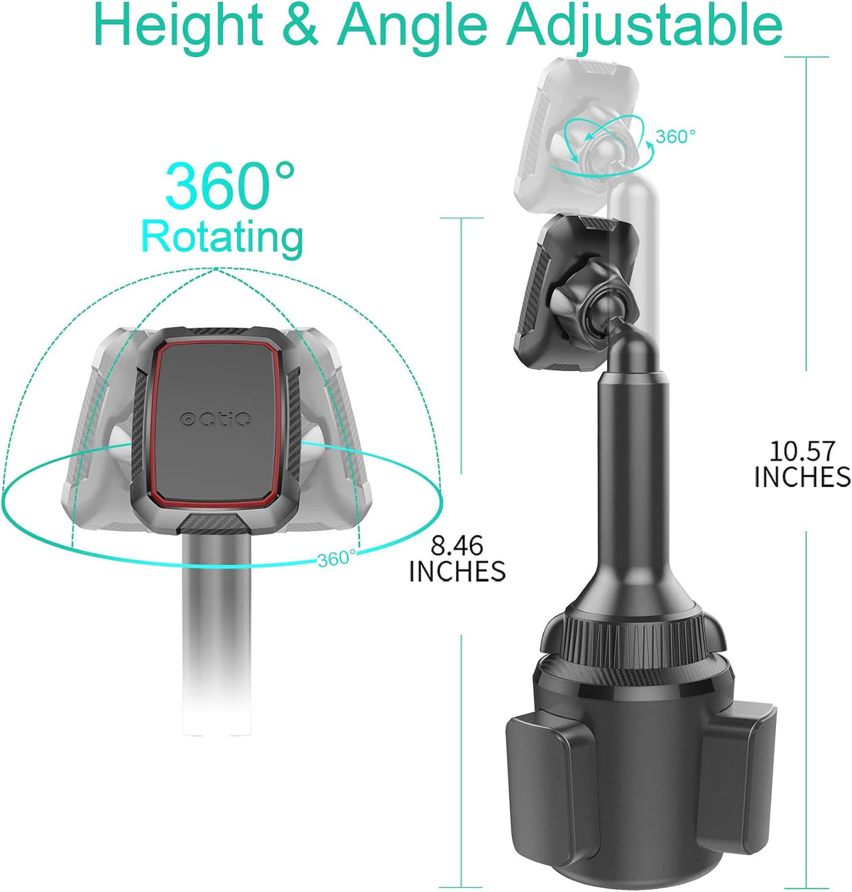 OQTIQ Magnetic Phone Cup Holder for Car - Adjustable Height & Multi-Angle - One-Hand Operation - Compatible with Samsung, Google, & More - Black, Not for MagSafe