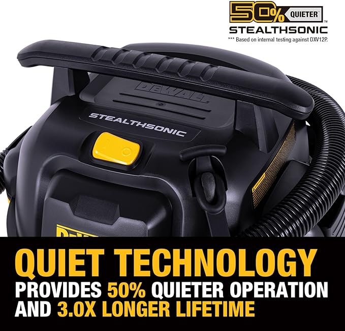 DEWALT 12 Gallon STEALTHSONIC Shop Vacuum Wet and Dry, 5.5 Peak HP Ultra Quiet Shop Vac with Powerful Suction, Wet Dry Vacuum Cleaner DXV12P-QTE with 6 Dust Bags for Jobsite, Garage, Workshop & Auto