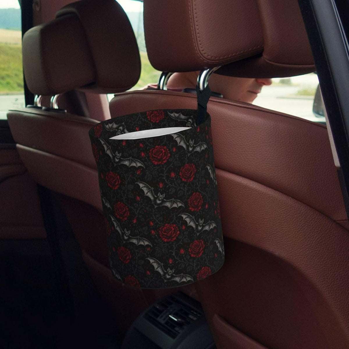 Goth Bat Rose Car Trash Can,Waterproof Hanging Car Garbage Bag for Headrest & Console,Adjustable Collapsible Vehicle Waste Basket with Magic Tape,Car Decor Travelling,Camping,Outdoor