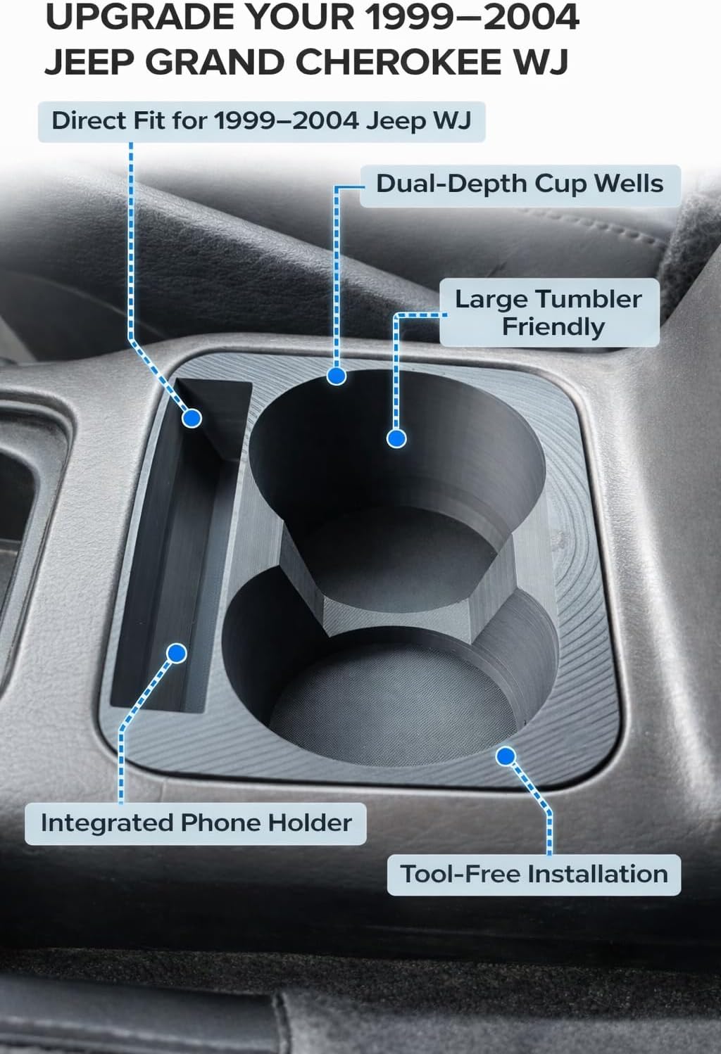 Cup Holder Insert for Jeep Grand Cherokee WJ/WG 1999–2004, Console Replacement with Dual Cup Wells and Phone Holder, Press-Fit Upgrade Organizer