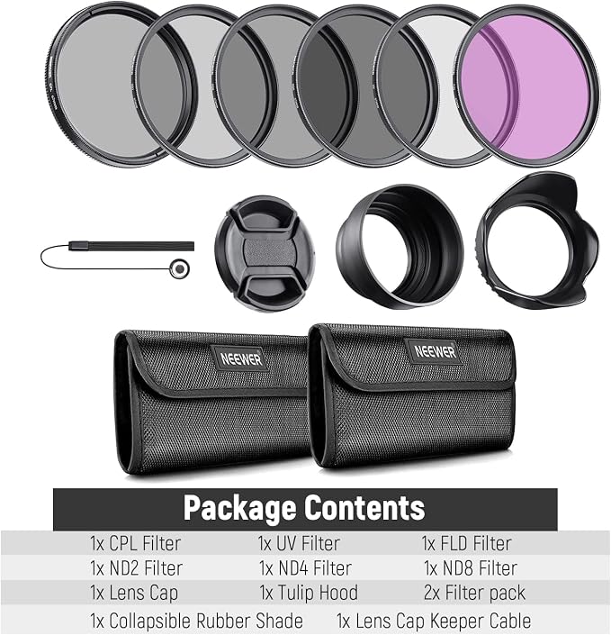 NEEWER 67mm Lens Filter Kit: UV, Lens Hood and Lens Cap Compatible
