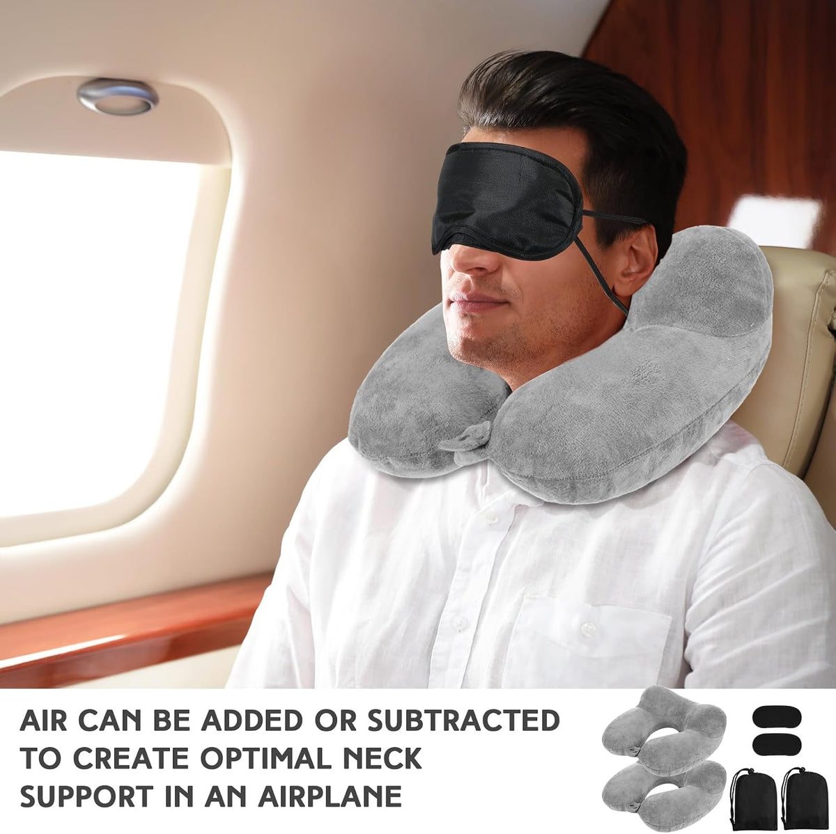 Sintuff 2 Pack Inflatable Travel Pillow for Airplanes Inflatable Neck Flight Pillows with Compact Bag and Blindfold for Traveling, Airplane, Train, Car, Office(Gray)