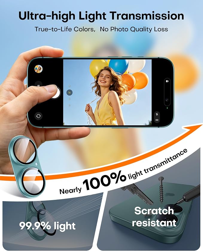 TAURI 2 Pack for iPhone 16/16 Plus Camera Lens Protector, Full Coverage