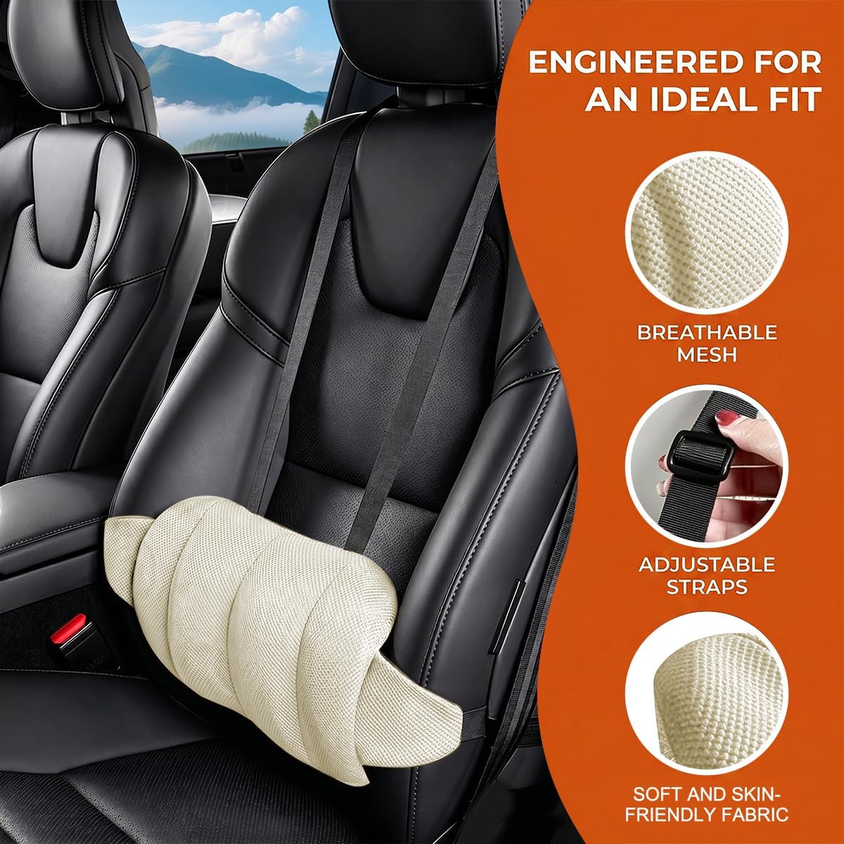 Car Lumbar Support Pillow, Memory Foam Vehicle Seat Lower Back Support Cushion with Adjustable Strap, Auto Seat Lumbar Pillow Accessories for Driving Pain Relief, Universal Fit (Beige)