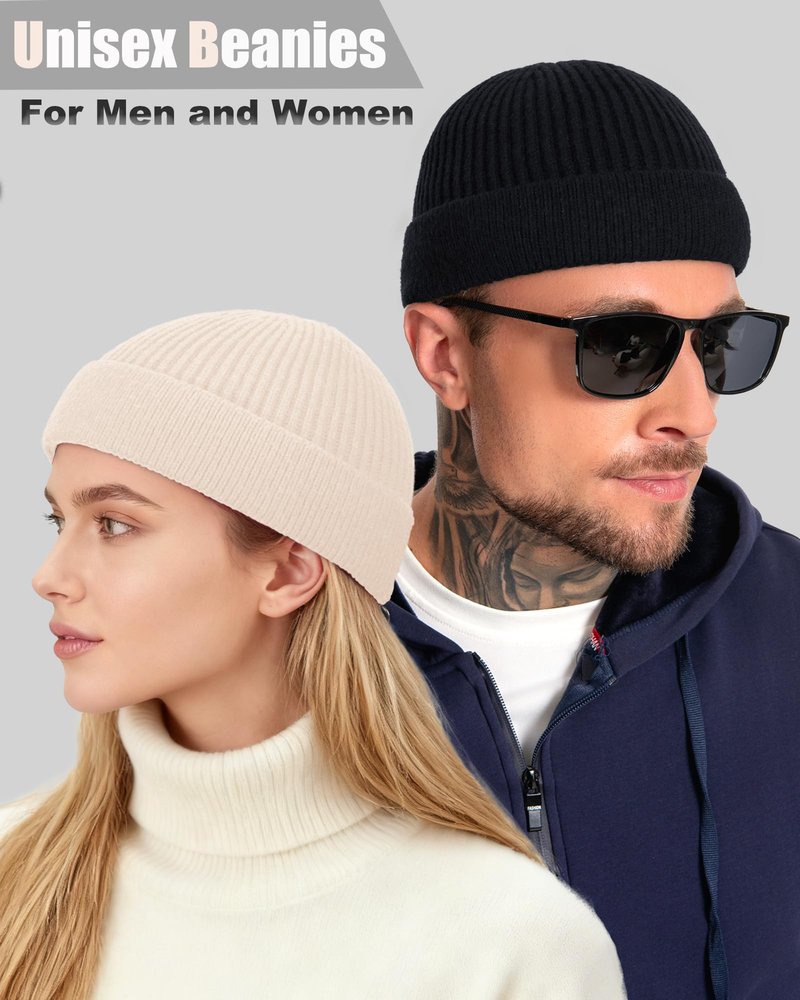 ROYBENS Swag Wool Short Fisherman Beanie for Men Women, Fleece Lined Warm Winter Hat, Knit Cuff Trawler Beanies Watch Skull Cap Black