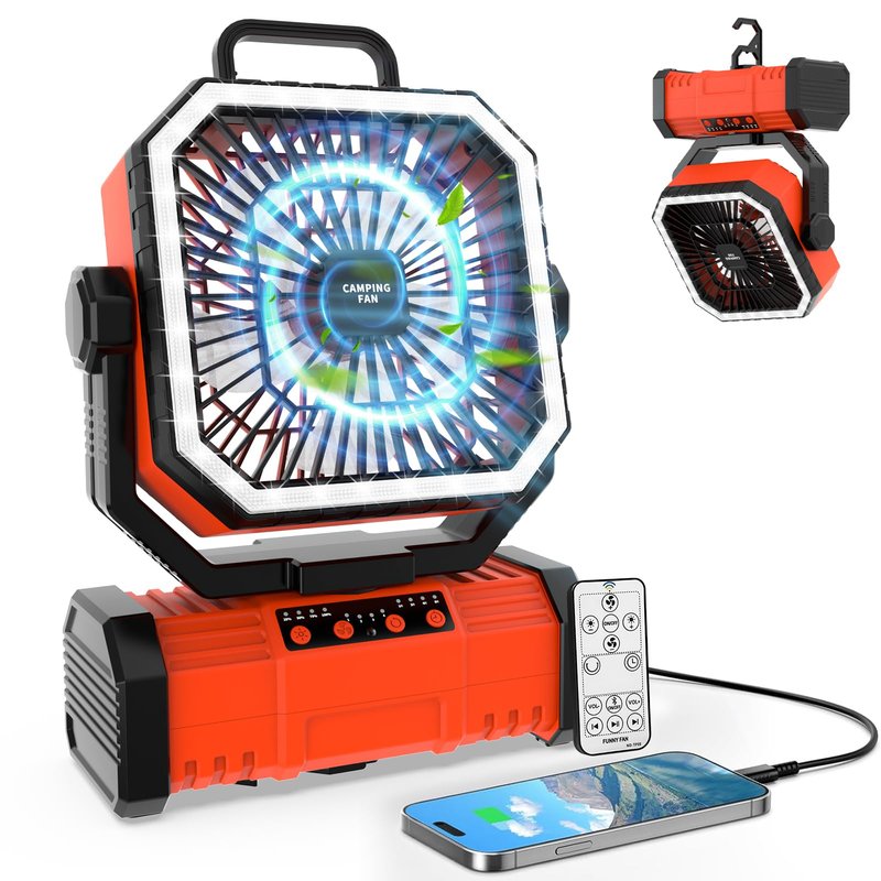 Super RGB 20000mAh Portable Camping Fans,Rechargeable Battery-Operated Oscillating Tent Fan with 4-Speeds,LED Light & Remote 360° Rotating Hook for Home,Outdoor and RV Travel in Summer Orange