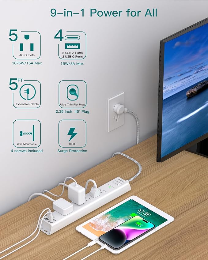 2 Pack Surge Protector Power Strip - 5 Widely Spaced Outlets 4 USB Ports, 5Ft Extension Cord, Flat Plug, Wall Mount Outlet Extender, Desk Charging Station for Home Office College Dorm Room Essentials
