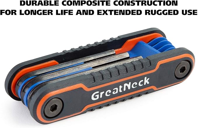 GreatNeck 74208 9 Piece Folding SAE Hex Key Set, Allen Key Set, Labeled Wrench Sizes, Easily Adjustable Fasteners, Color-Coded Body for Easy Identification