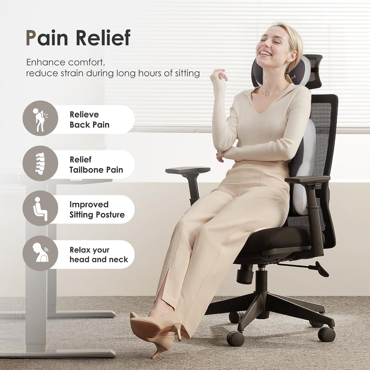 FLORICH Lumbar Support with Car headrest Back Pillow for Chairs Headrest Pillow for Car Ergonomic Ultrathick Memory Foam Back Pillow for Office Chair-Dark Beige Grey