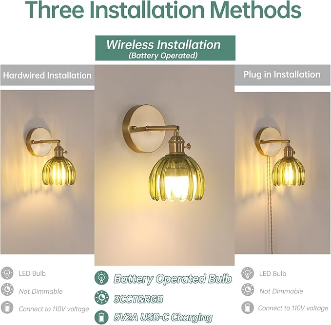 Vintage Battery Operated Wall Sconce with Green Tulip Glass Lampshade Rechargeable Battery Powered Wall Light with Remote Control for Bedside Bedroom Doorway, Set of 2