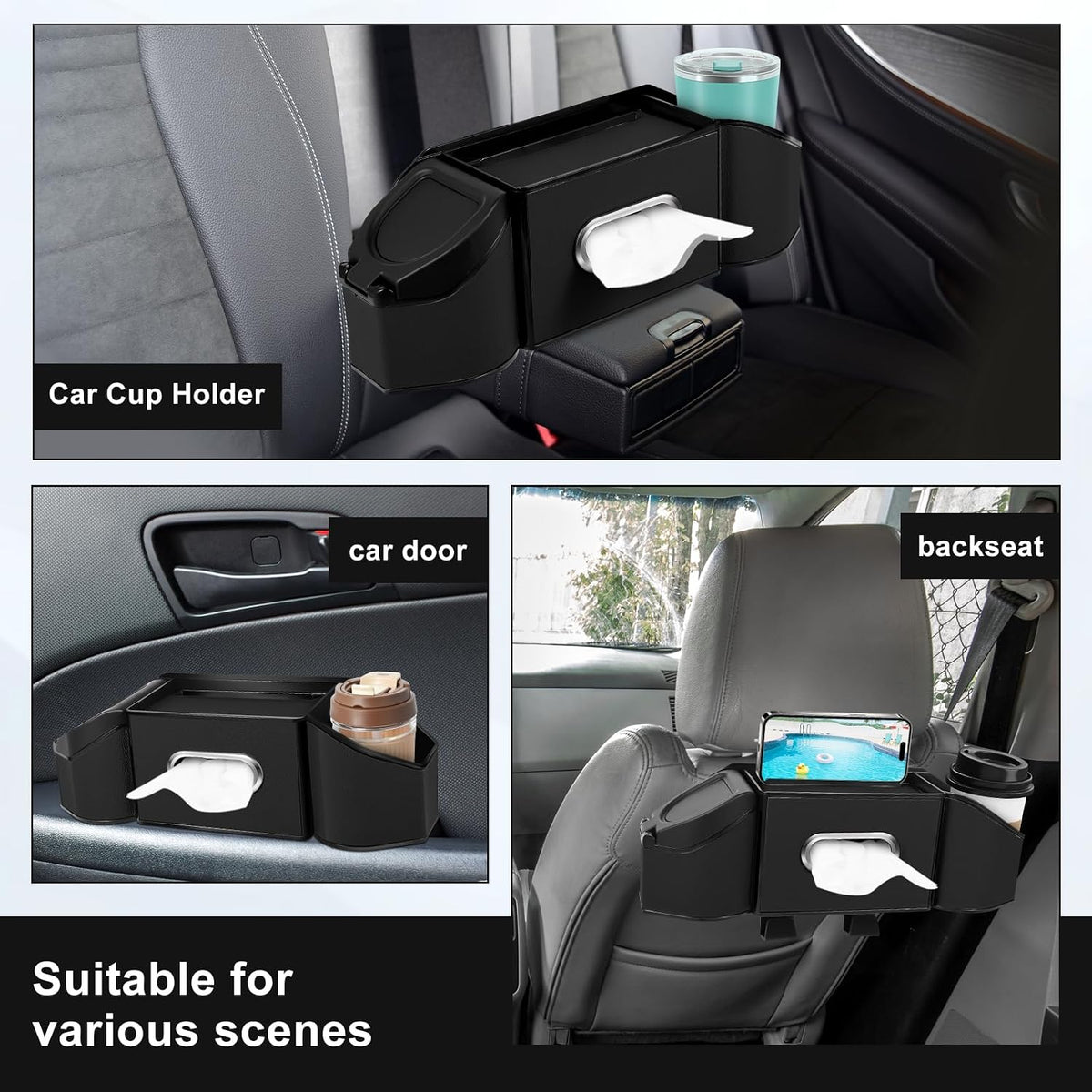 7-In-1 Car Seat Back Organizer with Cup Holders, Tissue Box, Garbage Can&Hooks, Multifunctional Headrest Storage Organizer, Headrest Cup Holder for Backseat, Car Accessories for Trips, Travels(Black)