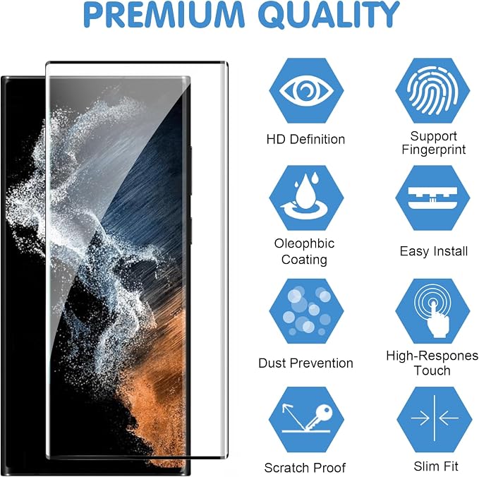 3 Pack Galaxy S22 Ultra Screen Protector, HD Clear Tempered Glass, Fingerprint