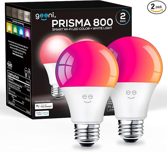 Geeni Prisma Smart Light Bulbs 2-Pack, Color Changing RGBW LED, A19, 800 Lumens, 60W Equivalent, Dimmable, 2700K, Works with Alexa & Google Home