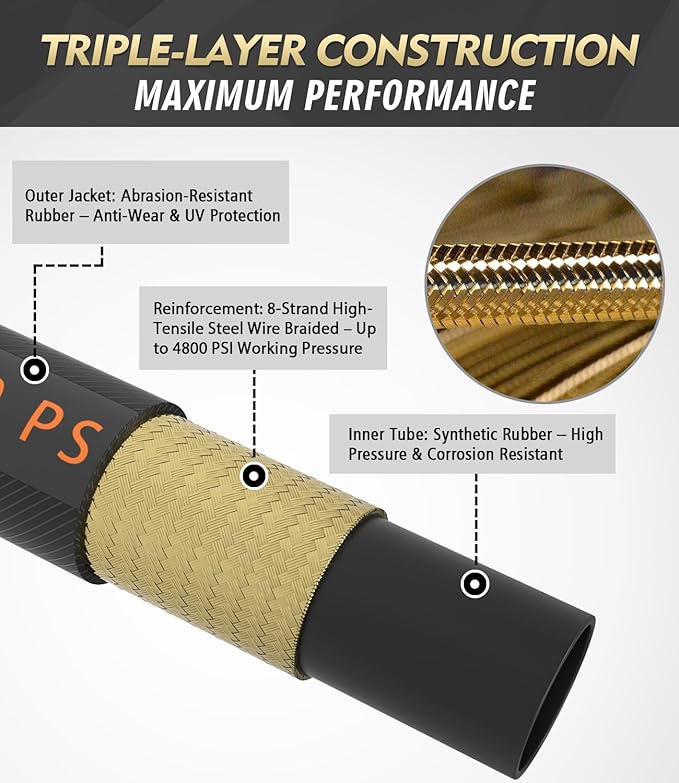 Pressure Washer Gun and Hose Kit, 4800PSI Flexible & Kink-Resistant - Steel Braided & Durable High Power Washer Hose 100 FT with 3/8" Swivel Quick Connector and M22 14mm Adapters & 5 Nozzles