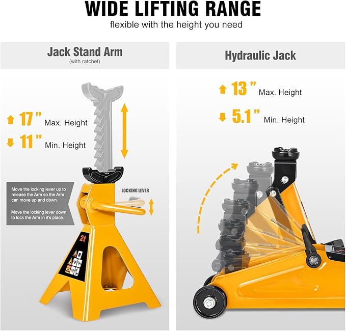 DNA Motoring 2 Ton Car Jack and Stands Kit 2T(4000 lbs) Capacity Low Profile Hydraulic Trolley Service/Floor Jack with 2 Ratchet Stands Combo for Home Garage Shop, Orange, TOOLS-00476-OG