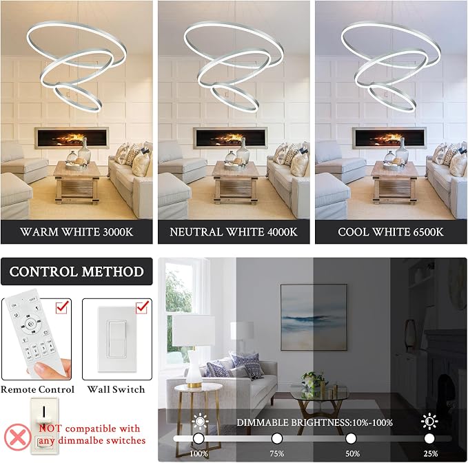 3-Rings Modern LED Chandelier Silver, Dimmable Pendant Lighting