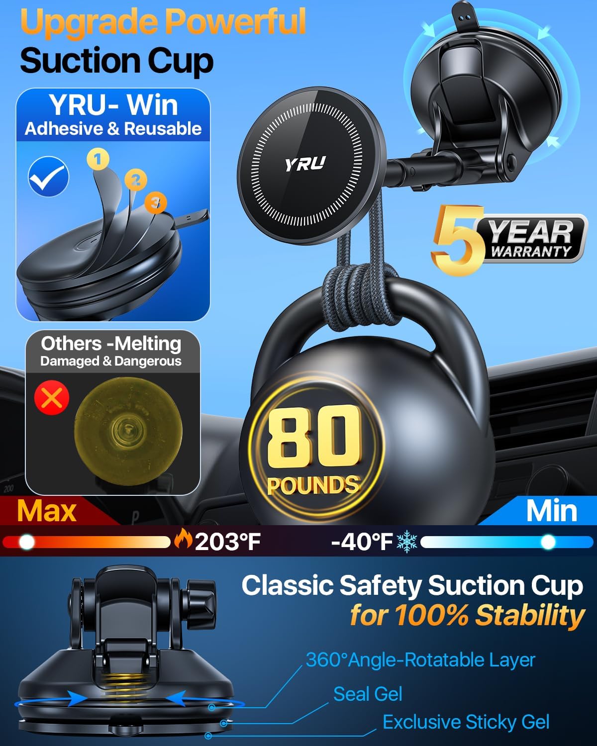 YRU [2025 Upgraded] Magnetic Phone Holder for Car【Patented & Super Magnet】 for MagSafe Car Mount Dashboard Magnet Phone Holder Windshield Phone Stand for iPhone 16 15 14 13 12 Pro Max Samsung, Black