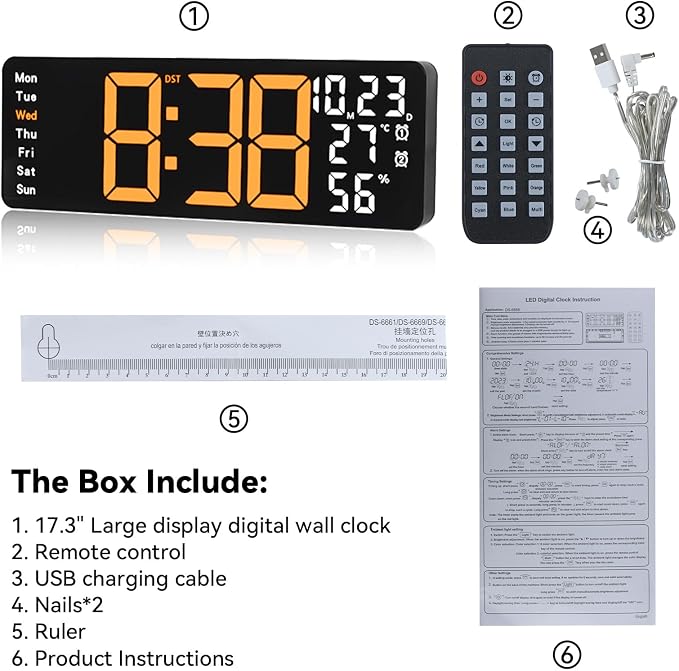 Digital Wall Clock Large Display, 17.3" Digital Clock