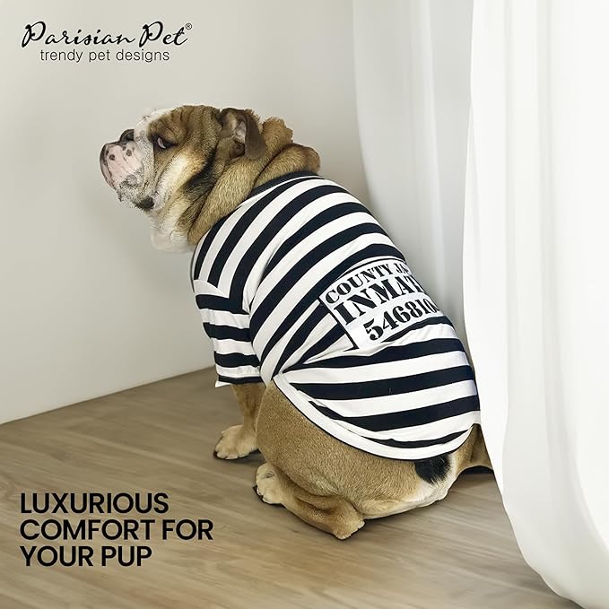Parisian Pet - Medium Dog Shirt - Black & White Striped - Cotton & Polyester - Sleeved & Lightweight - Prisoner Dog Theme