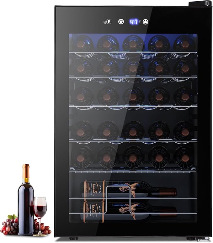 Electactic 37-Bottle Freestanding Wine Cooler Refrigerator, 4.5 Cu. Ft | Removable wave-shaped wire shelves, fan cooling, and sub-38 dB operation help organize bottles with minimal noise.