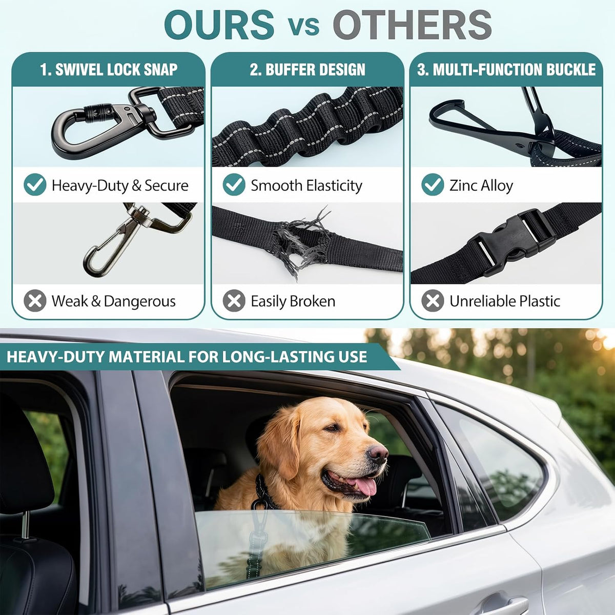 Dog Car Seat Belt 3-in-1, Escape Proof Dog Seatbelt for Car, Adjustable Pet Seat Belt with Shock Absorbing Bungee, Heavy Duty Dog Safety Belt for Small Medium Large Dogs, Black