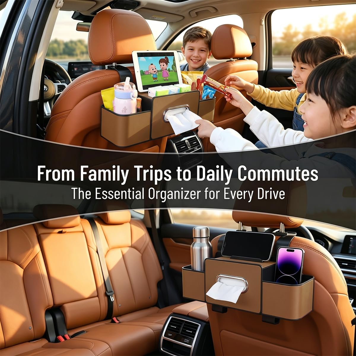 4-in-1 Car Backseat Organizer, Brown