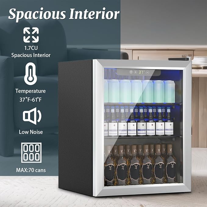 70 Can 1.7 Cu.Ft Compact Beverage Refrigerator With Glass Door | Stainless Steel Drink Cooler with Reversible Glass Door for Soda Wine Beer, Small Fridge for Home Office Bar (40℉-61℉)