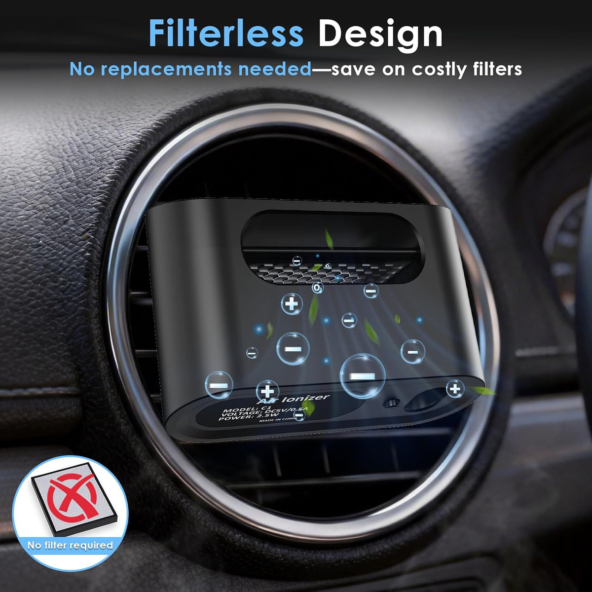 Mini Car Air Purifier Ionizer - Filterless Bipolar Plasma Ion Tech for Smoke Smell & Pet Odor - Whisper-Quiet & Compact - Clips onto Car Air Vent - Car Air Cleaner by Yakry