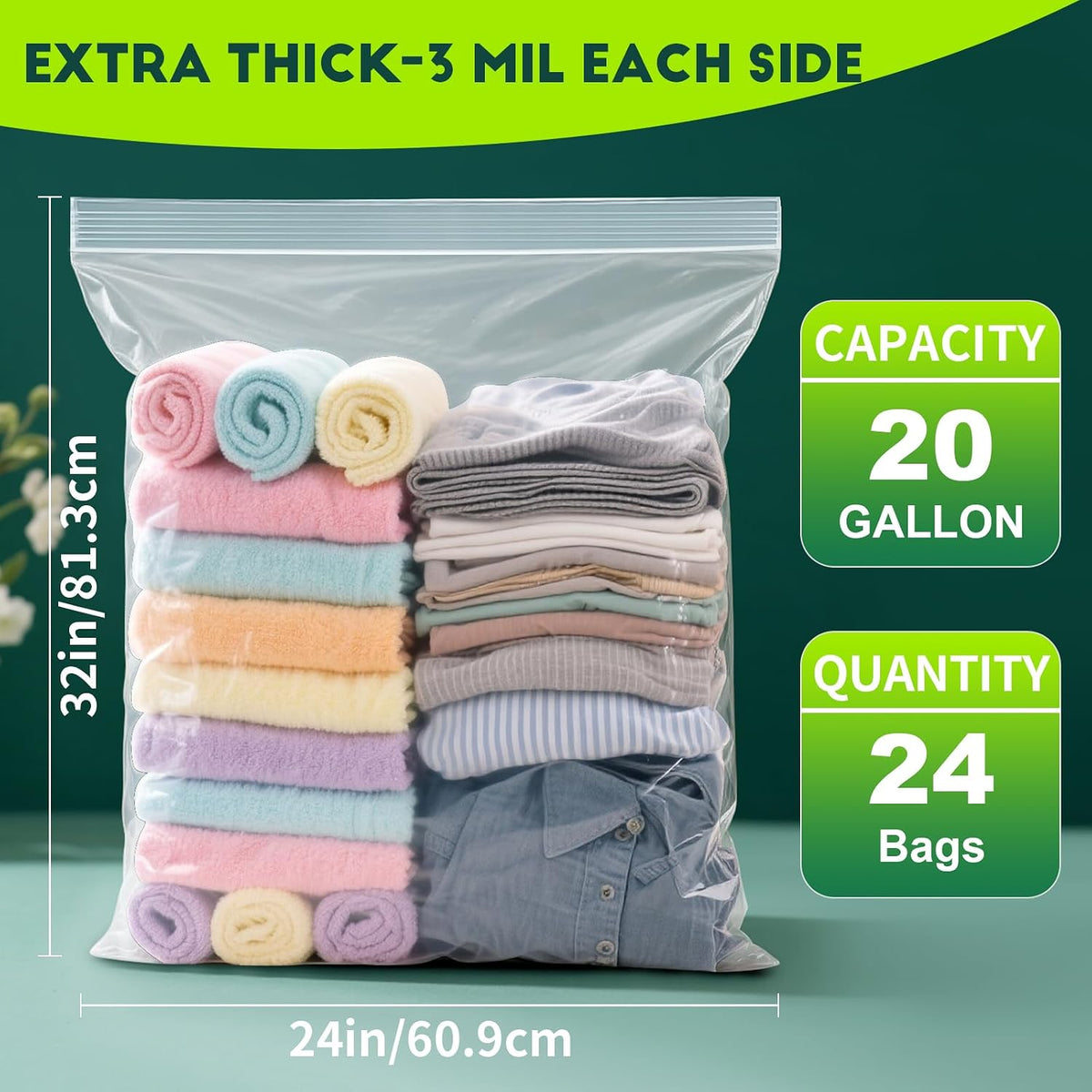 TUXIYA 24PACK 20 Gallon Extra Large Zipper Plastic Bags for Storage 24"x32"