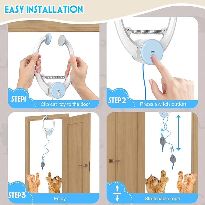 Cat Toy Interactive for Indoor Cats, Smart USB Rechargeable Door Hanging Automatic Retractable Kitten Toys, Teaser Electronic Self Play Feather Cat String Toy Attached with 3 Catnip Mice White
