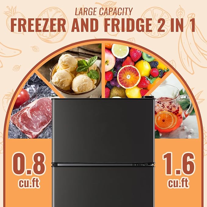 Mini Fridge with Double Doors 2.4 ft³ Small Refrigerator with Separate Freezer & 7 Adjustable Temperature Control, Tiny Size & Personal Fridge Ideal for Office Apartment Dorm Dark Grey