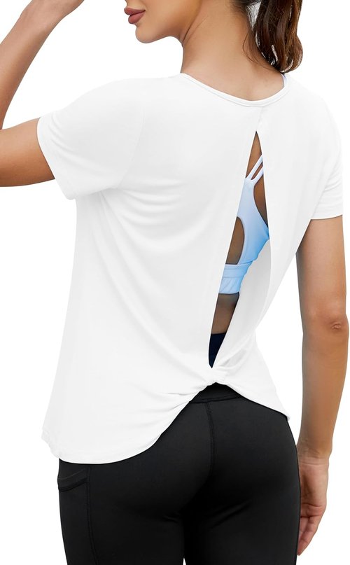 Mippo Open Back Workout Tops for Women - Soft Short Sleeve Athletic Yoga T-Shirts