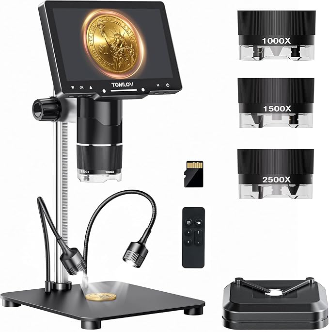 TOMLOV TriL107 3-Lens Digital Microscope: 7" 2500X 2K HD Coin Microscope