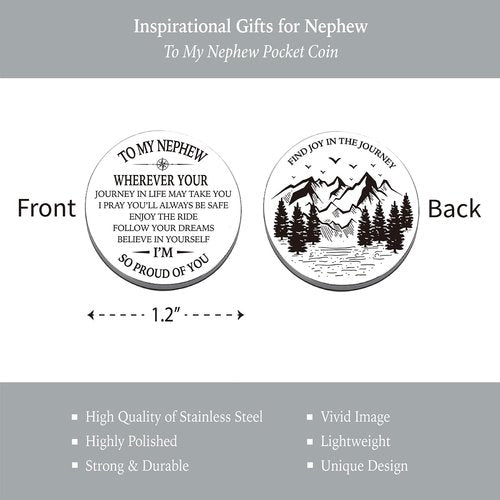 Gifts for Nephew from Aunt, Go Confidently Pocket Compass Engraved Black, to My Nephew Pocket Token, Inspirational Keepsake Gifts Ideas for Nephew Birthday Graduation Christmas