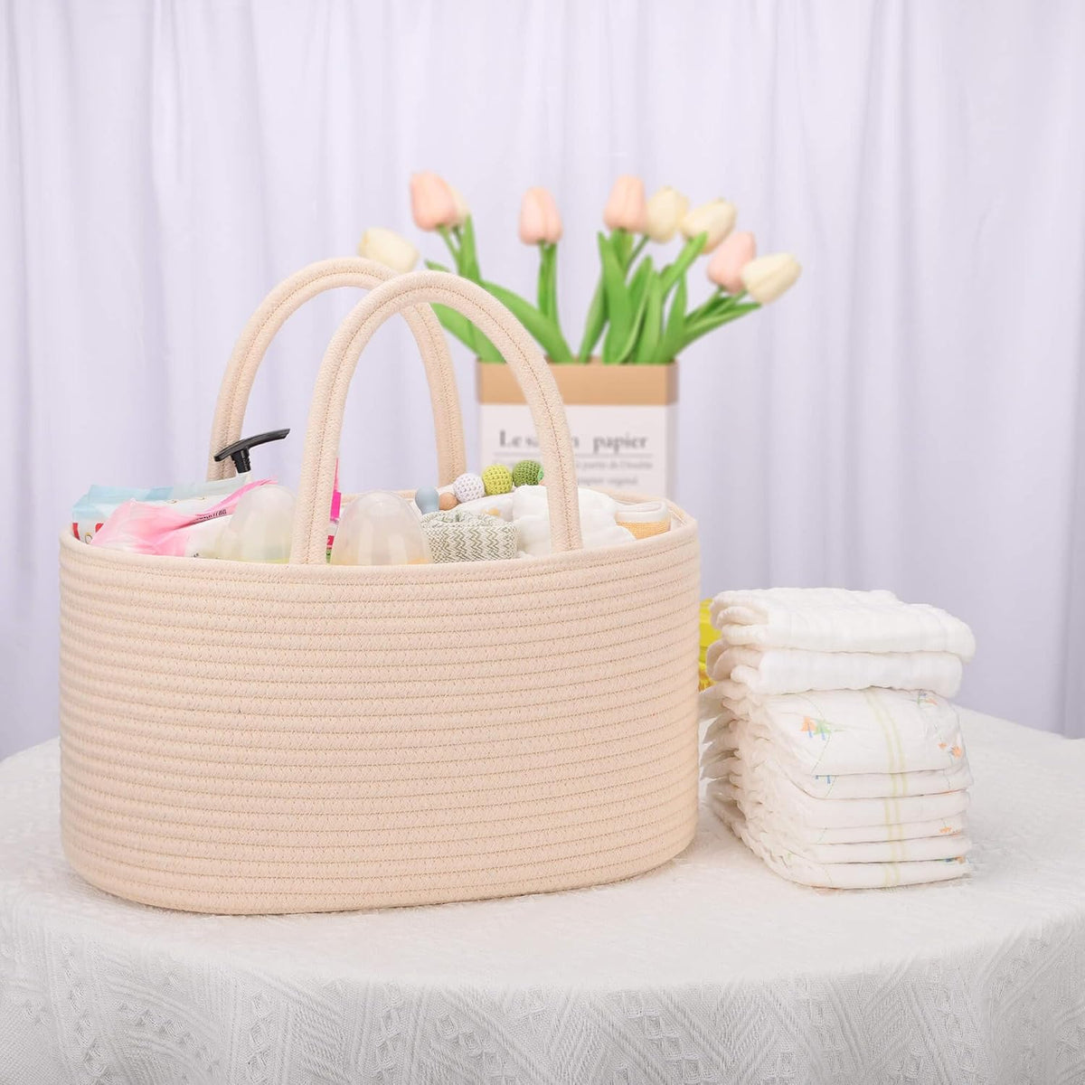 COMSE Baby Diaper Caddy Organizer, Car Caddy, Diaper Change Organizer, Gift Baskets Empty, Portable Tote Bag with Divider, Baby Shower Gifts Newborn Essentials Registry Must Have, Beige