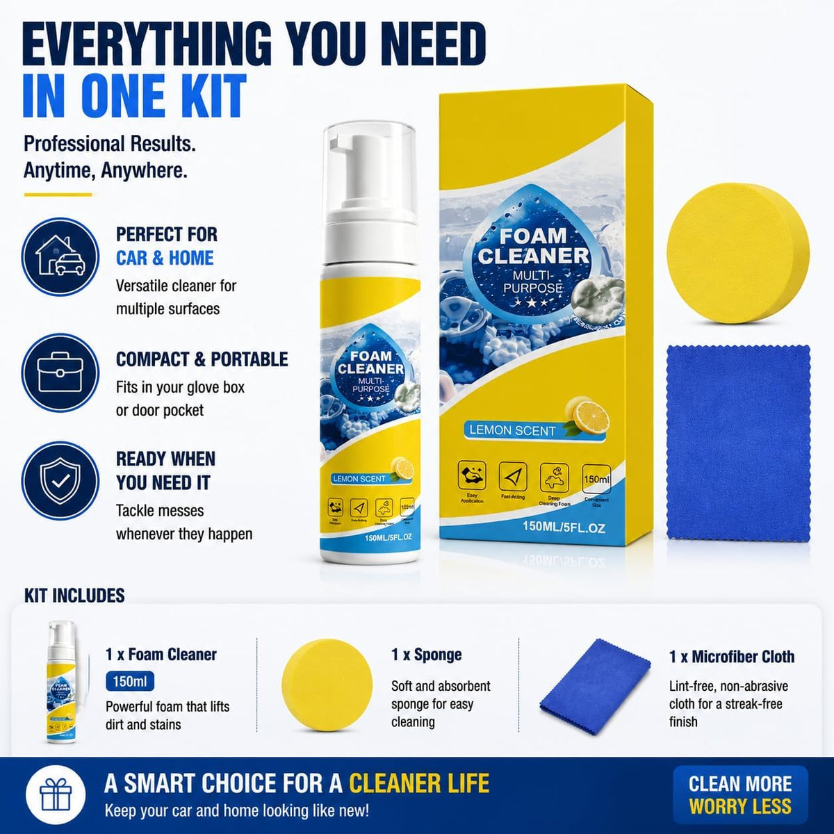 Multi-Purpose Foam Cleaner for Car Interior and Upholstery, 150ml | Leather & Fabric Seat & Dashboard Cleaner, Vinyl & Surface Foam Spray. Deep Cleaning Kit with Plant-Derived Formula