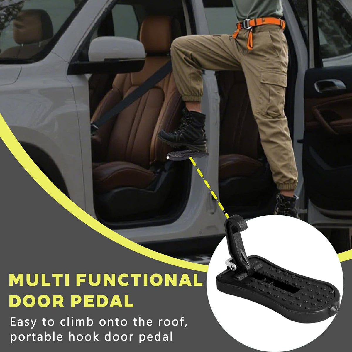 Car Door Step, Folding Aluminum Alloy Step with Window-Breaking Hammer & Escape Tool, Universal Fit Roof Rack Access for Most Cars/SUVs/Trucks, Max Load 400 lbs