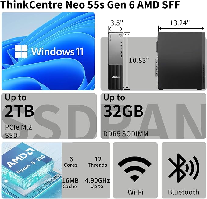 Lenovo ThinkCentre Neo 55s Business SFF Desktop, AMD Ryzen 5 220 (up to 4.9 GHz), 32GB DDR5, 1TB SSD, Support 2-Monitor 4K, HDMI, DP, Wired KB & Mouse, Wi-Fi, Win 11 Pro, 2026 Small PC, w/Bundle