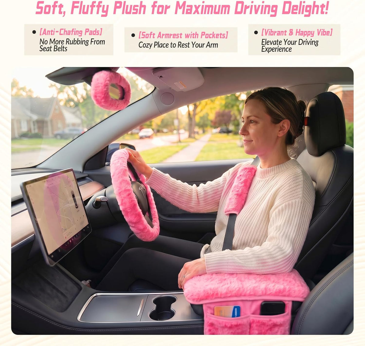 5 Pcs Fuzzy Pink Color Car Accessories Set, Soft Fluffy Plush Steering Wheel Cover, Center Console Armrest Pad & Rearview Mirror Cover - Interior Decorations for Women,Universal Fit (Pink)