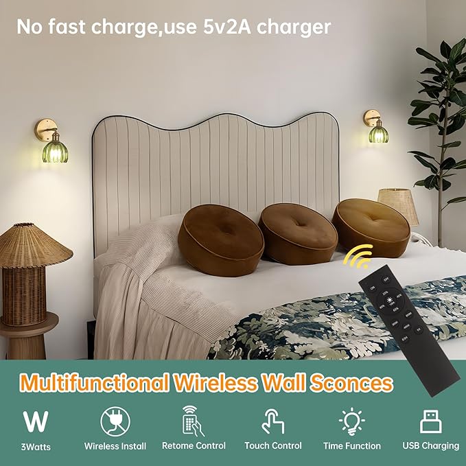 Battery Operated Vintage Wall Sconces with Green Tulip Glass Lampshade Battery Powered Wall Lighting for Bedside Bedroom Doorway, Set of 2