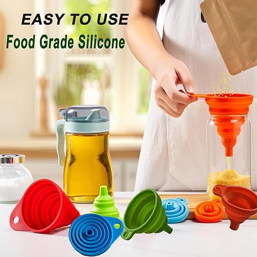 Kitchen Funnel Set of 6,Large Medium and Small,2025 Upgrade Silicone Kitchen Gadgets Accessories Food Grade Collapsible Funnels for Kitchen Use Filling Bottles Liquid Powder Transfer