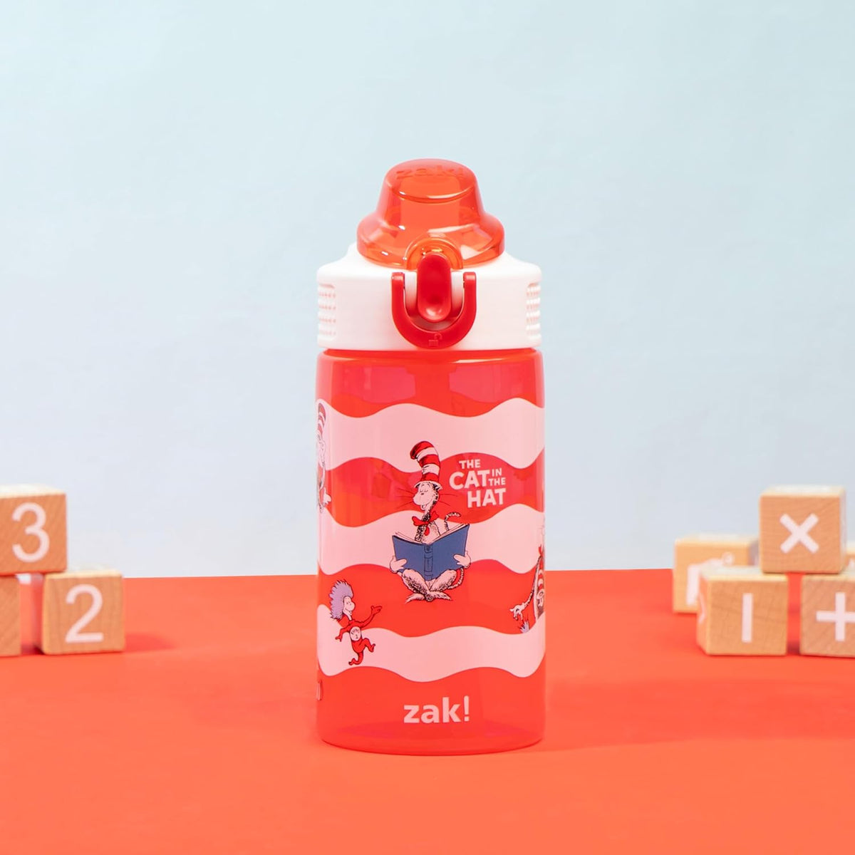 Zak Designs Dr. Seuss Kids Water Bottle - 16oz Durable Plastic with Straw & Leak-Proof Spout | The Cat in the Hat