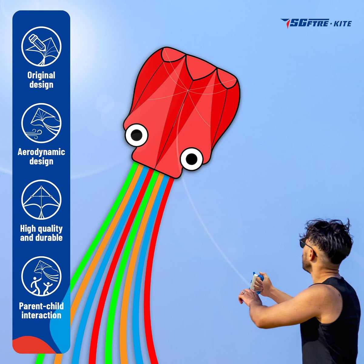 SGftre Octopus Kites - Easy to Fly 3-Piece Set for Kids & Adults | Red, Blue, Green Colors
