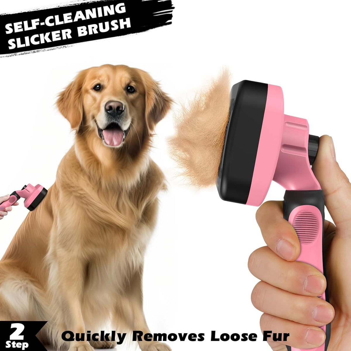Skiennix Self-Cleaning Slicker Brush Set - Pet Grooming Rake & Flea Comb for Dogs, Cats, Horses | Light Pink